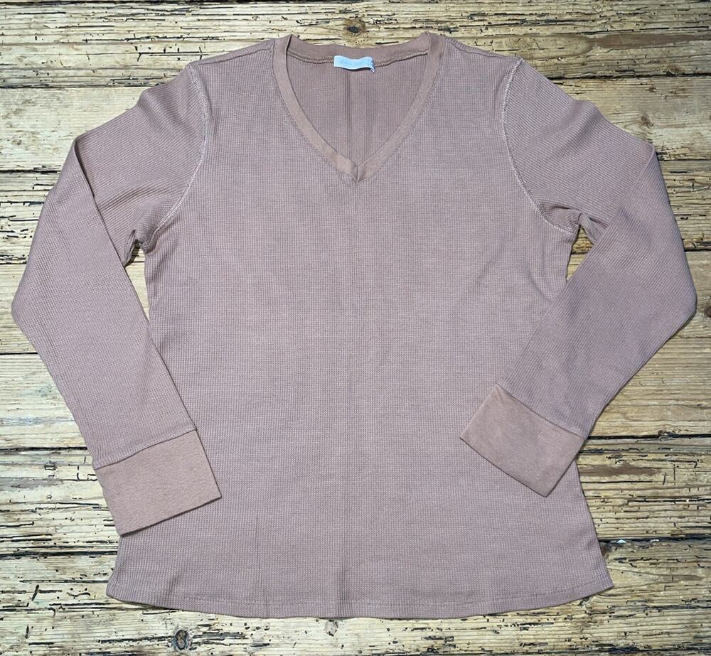 Active Basic Womesn Size 2XL Brown V-Neck Thermal Long Sleeve Shirt NWOT